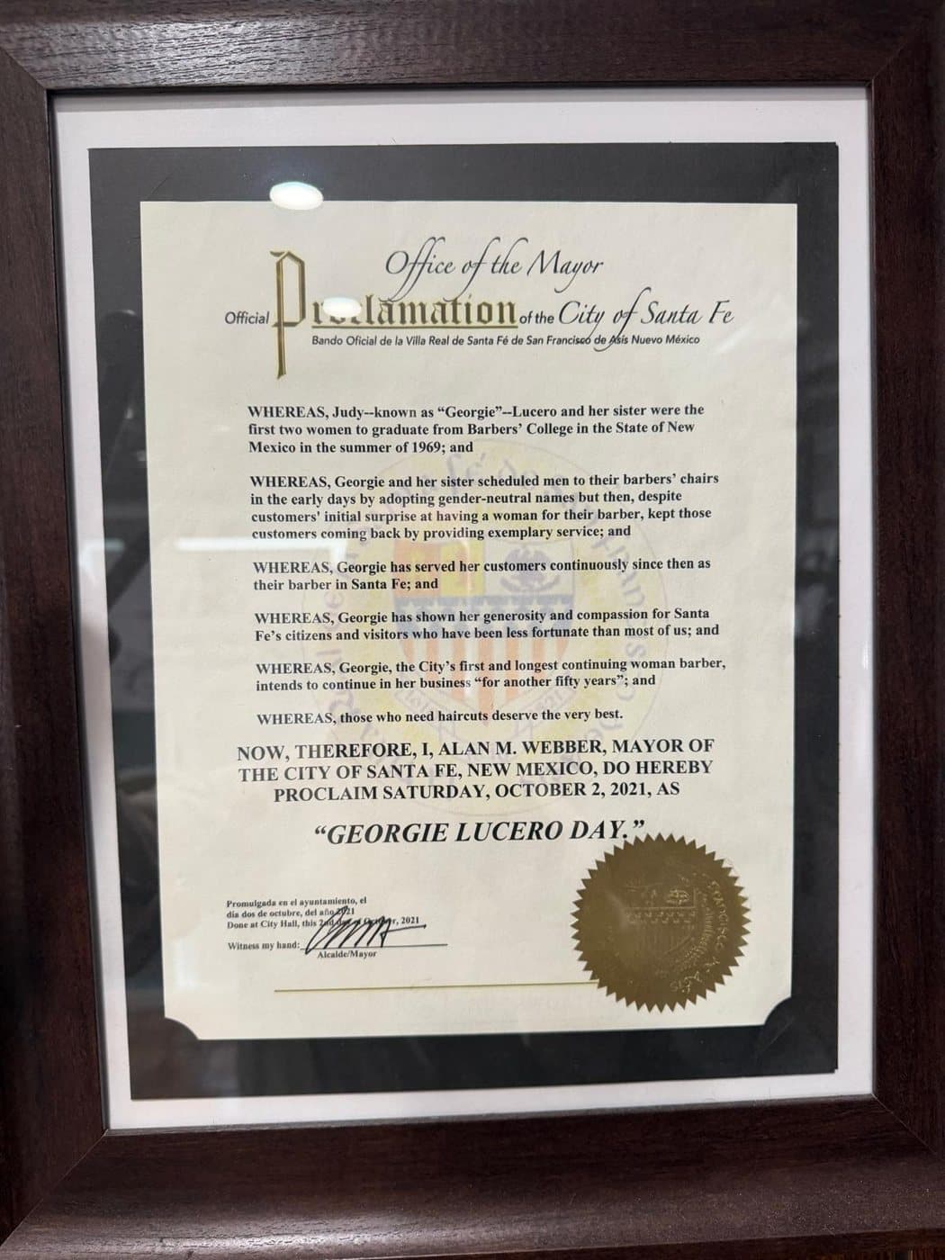 Official proclamation of the City of Santa Fe declaring October 2, 2021 Georgie Lucero Day